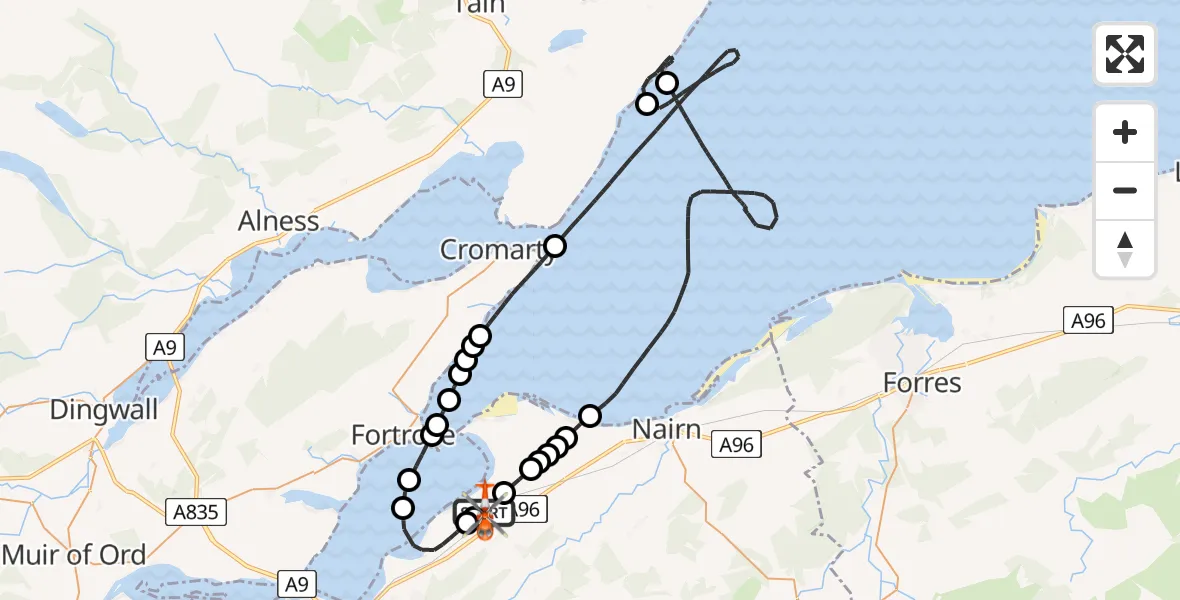 Flight path map showing Coastguard Helicopter route from Inverness Airport to Inverness Airport