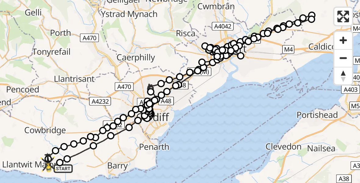 Flight path map showing Police Helicopter route from West Aberthaw to MOD St Athan