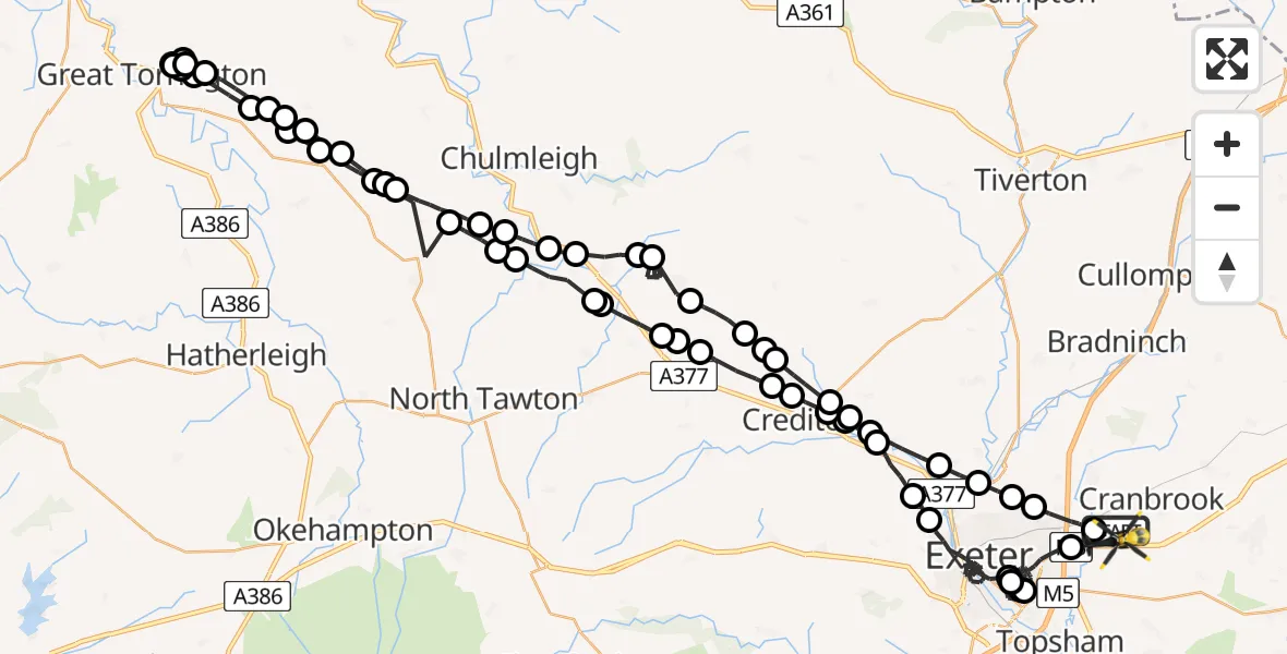 Flight path map showing Police Helicopter route from Exeter International Airport to Exeter International Airport
