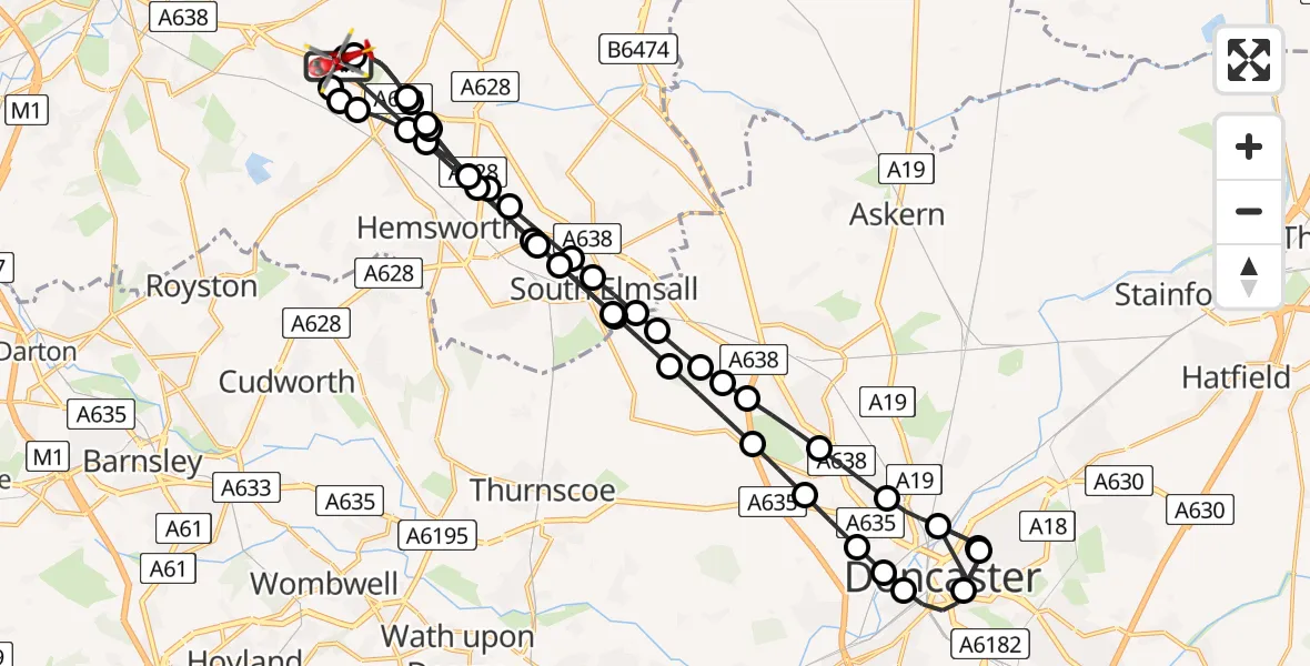 Flight path map showing Air Ambulance Helicopter route from YAA Nostell Helicopter Port to YAA Nostell Helicopter Port