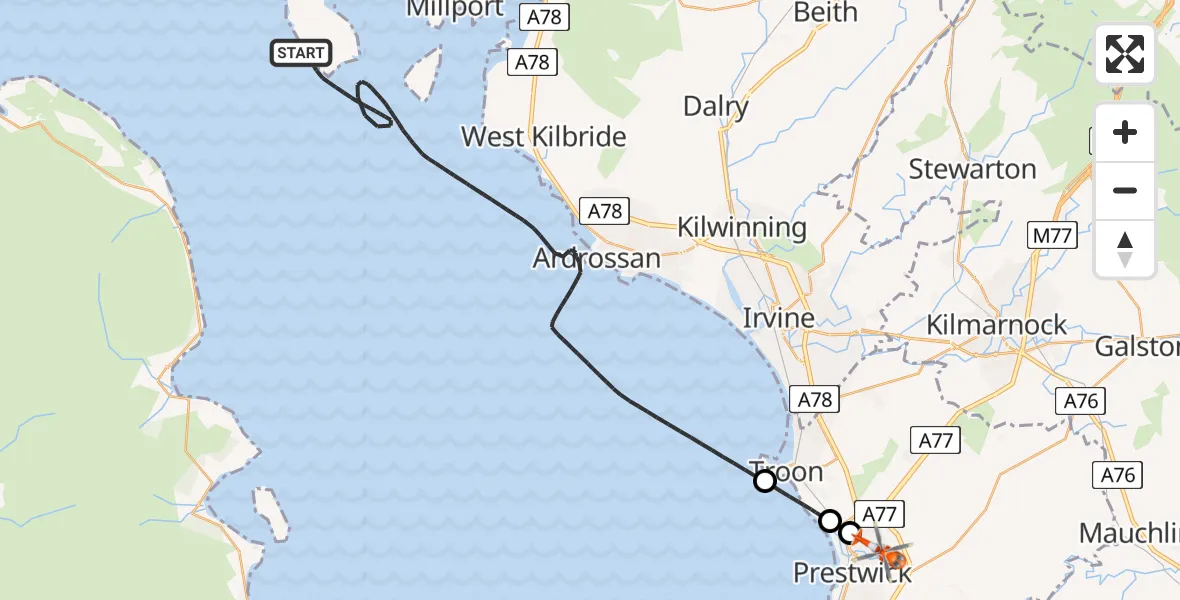 Flight path map showing Coastguard Helicopter route from Inner Seas to Glasgow Prestwick Airport