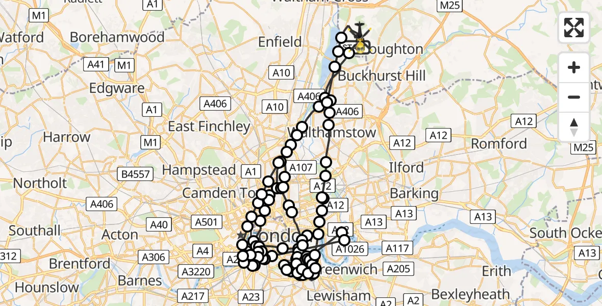 Flight path map showing Police Helicopter route from Sewardstonebury to Sewardstonebury