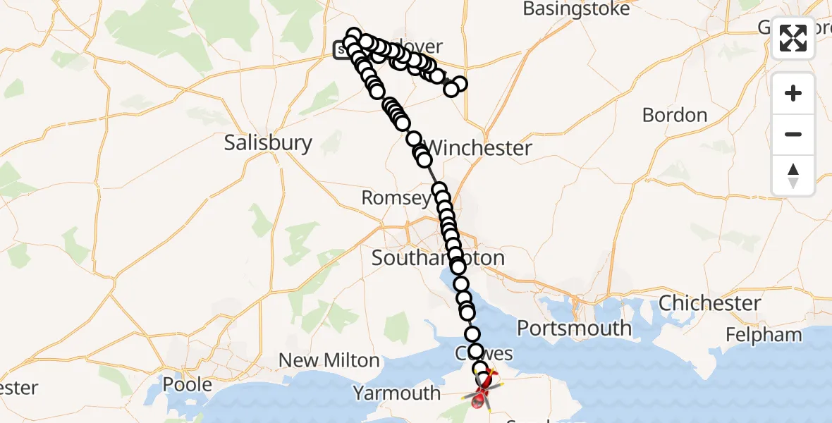 Flight path map showing Air Ambulance Helicopter route from Thruxton Aerodrome to Newport