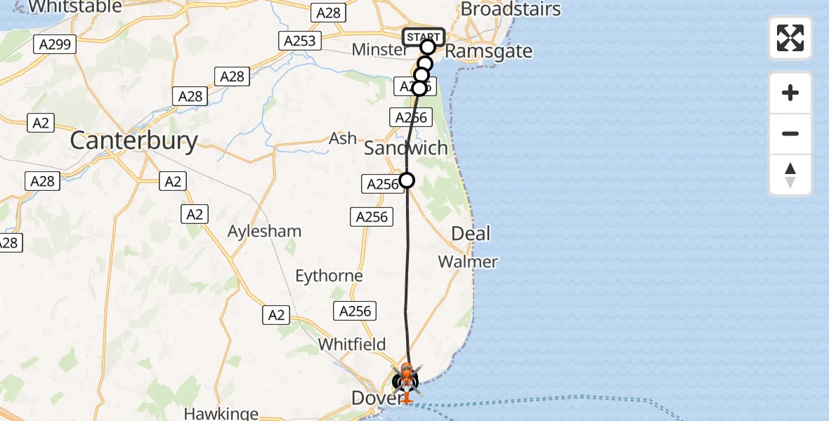 Flight path map showing Coastguard Helicopter route from Manston Airport to Langdon Battery Heliport