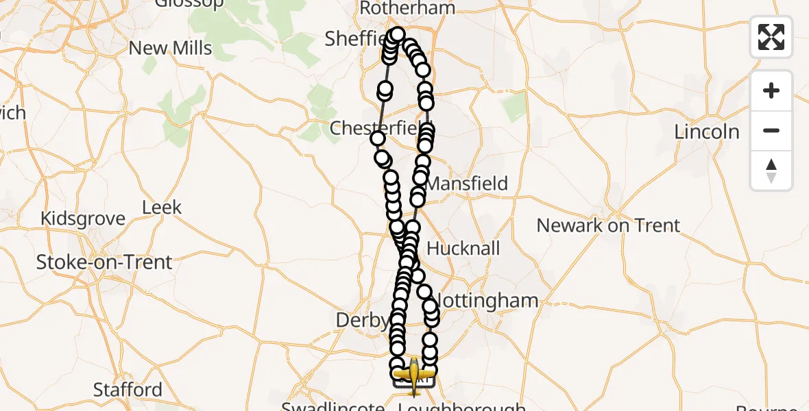 Flight path map showing Police Aircraft route from East Midlands Airport to East Midlands Airport