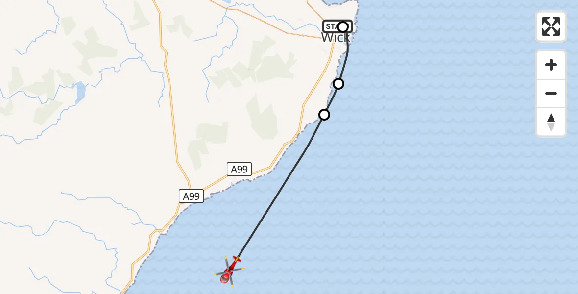 Flight path map showing Air Ambulance Helicopter route from Wick John O'Groats Airport to North Sea