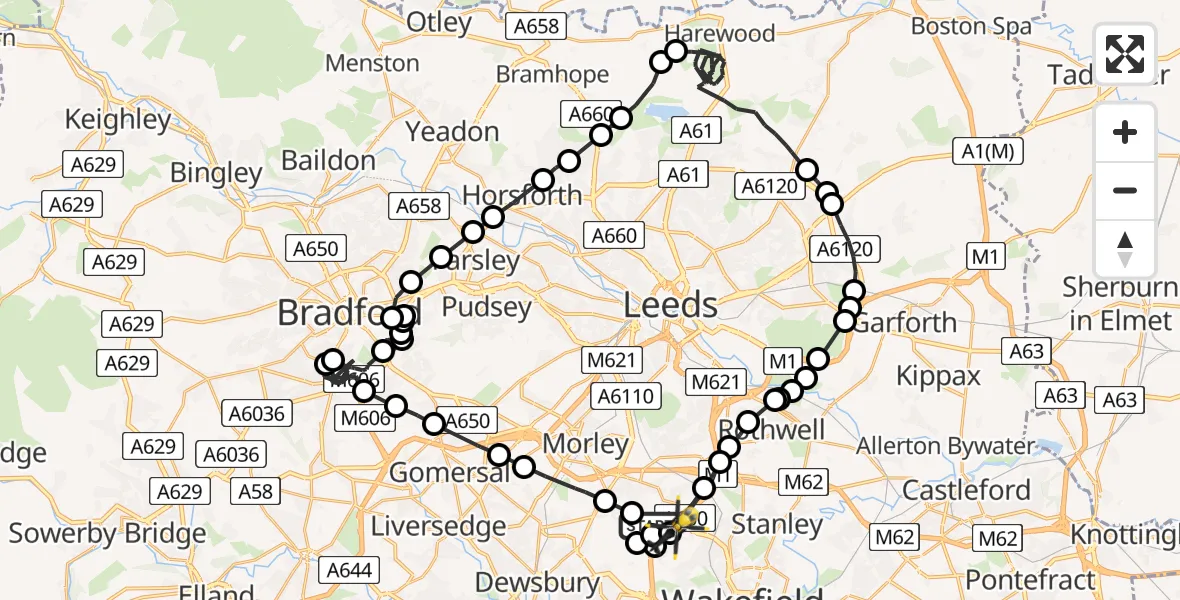 Flight path map showing Police Helicopter route from East Ardsley to East Ardsley