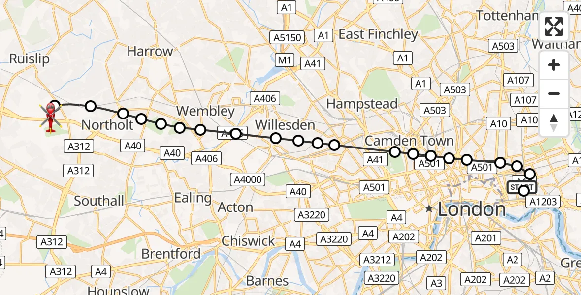 Flight path map showing Air Ambulance Helicopter route from Royal London Hospital to RAF Northolt