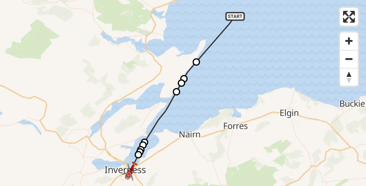 Flight path map showing Air Ambulance Helicopter route from North Sea to Inverness