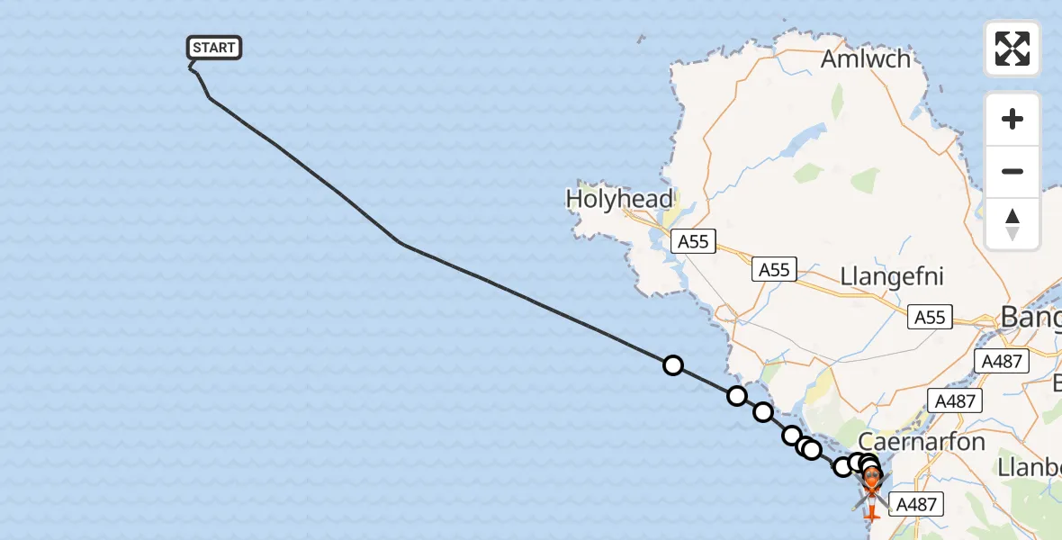 Flight path map showing Coastguard Helicopter route from Irish Sea to Caernarfon Airport