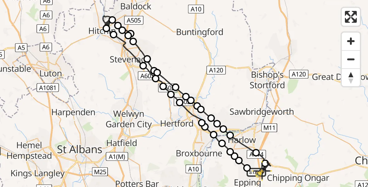 Flight path map showing Police Helicopter route from North Weald Bassett to North Weald Airfield