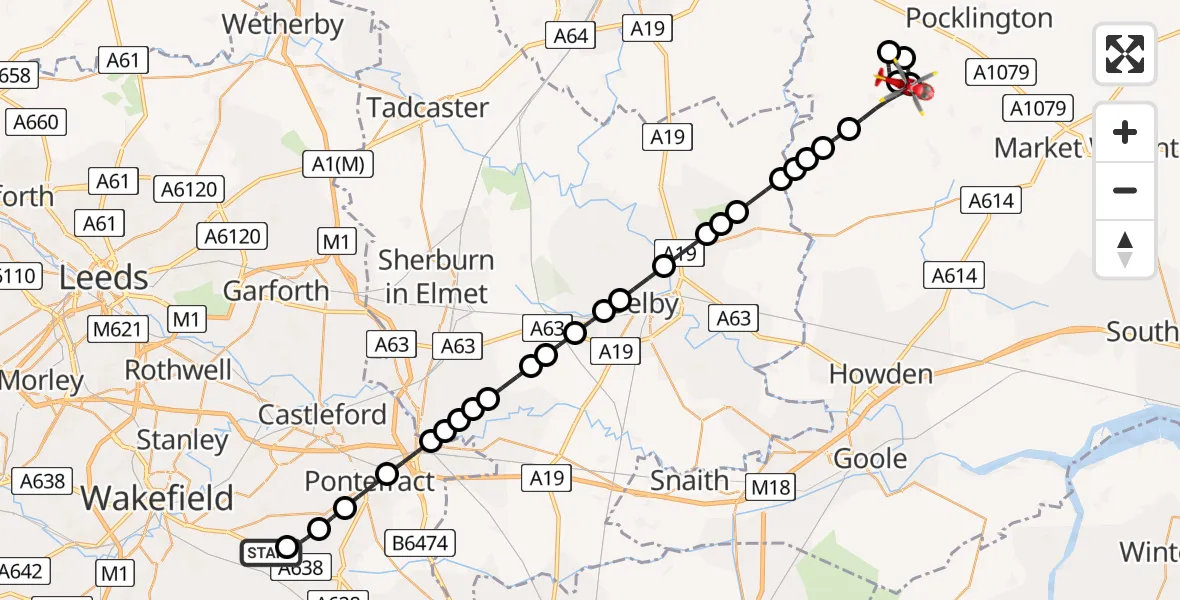 Flight path map showing Air Ambulance Helicopter route from YAA Nostell Helicopter Port to Melbourne