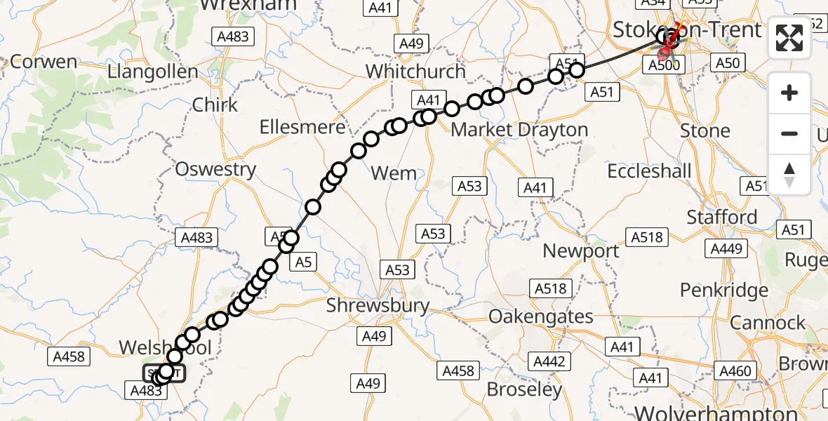 Flight path map showing Air Ambulance Helicopter route from Welshpool Airport to University Hospital North Staffs
