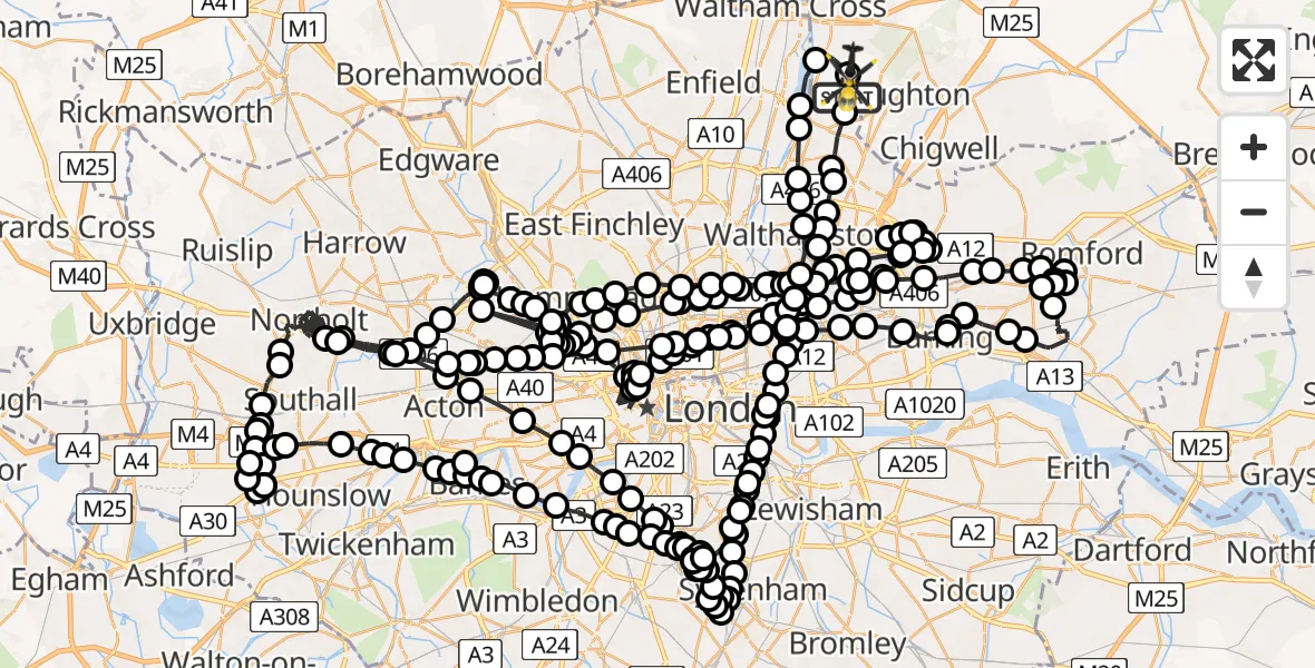 Flight route Police Helicopter Sewardstonebury - Metropolitan Police Air Support Unit Lippitts Hill, 10 April 2026, 21:25