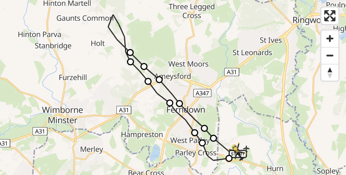 Flight path map showing Police Helicopter route from Bournemouth Airport to Bournemouth Airport