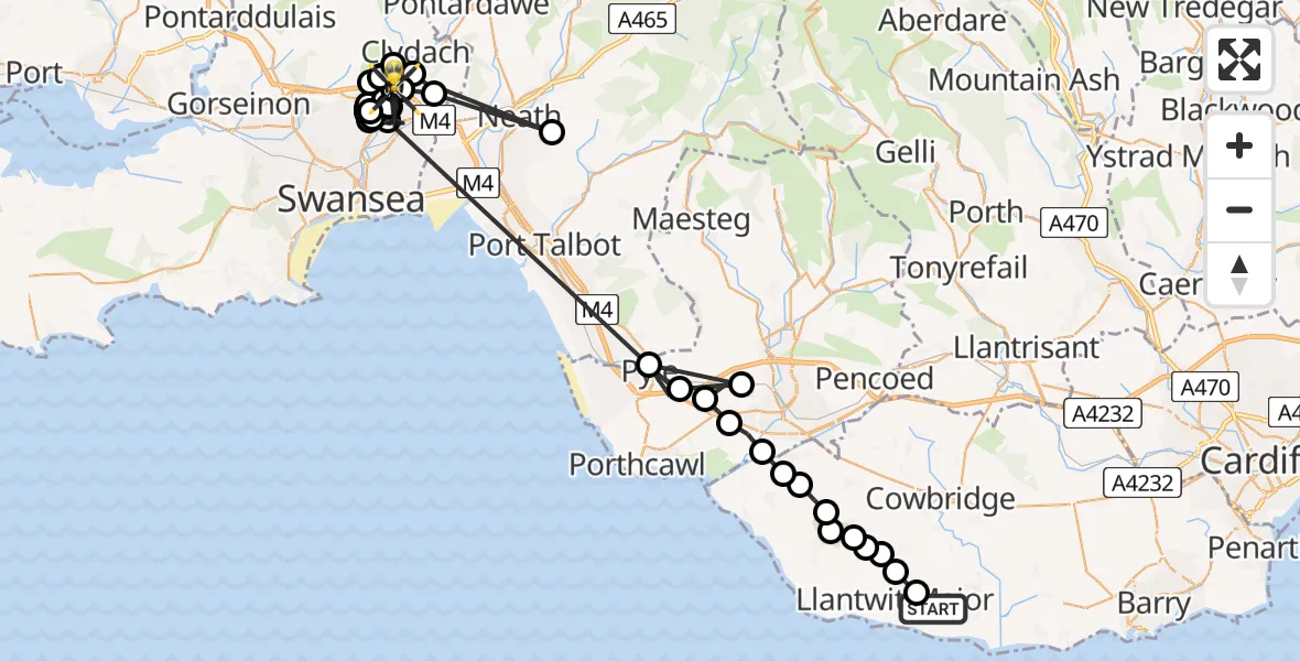 Flight path map showing Police Helicopter route from MOD St Athan to Tregof