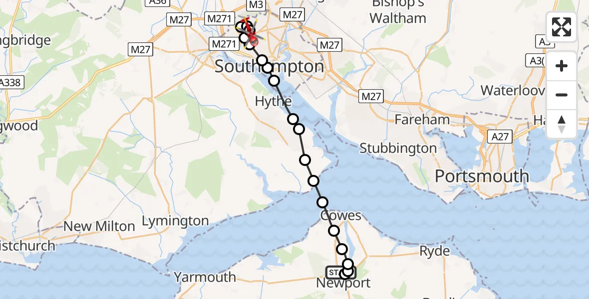 Flight path map showing Air Ambulance Helicopter route from St Marys Hospital Isle Of Wight to University Hospital Southampton
