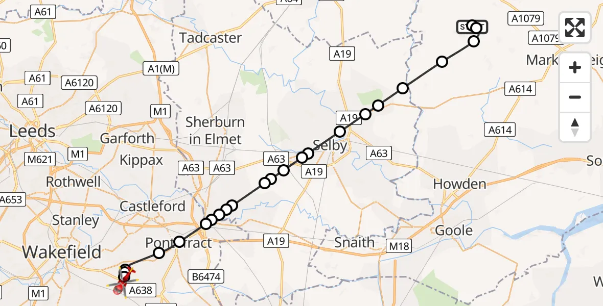 Flight path map showing Air Ambulance Helicopter route from Thornton to YAA Nostell Helicopter Port