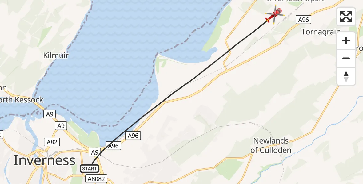 Flight path map showing Air Ambulance Helicopter route from Inverness to Inverness