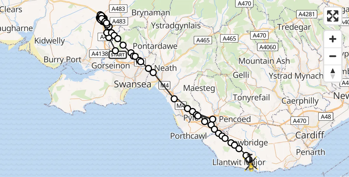 Flight path map showing Police Helicopter route from Pontlliw to MOD St Athan