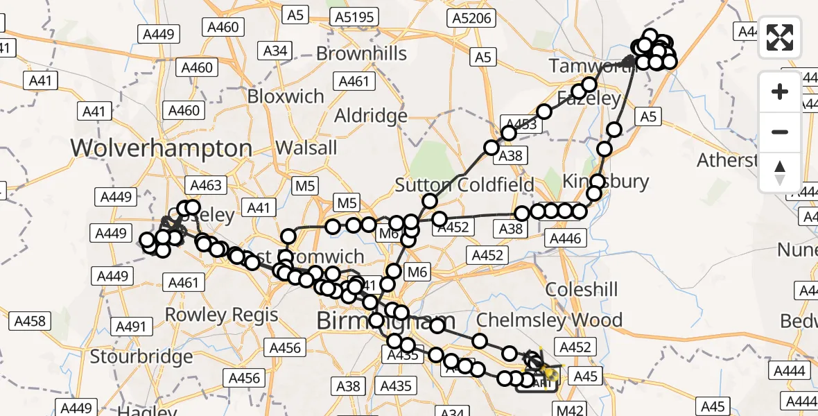 Flight route Police Helicopter Solihull - Birmingham Airport, 10 April 2026, 22:11