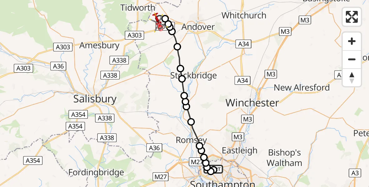 Flight path map showing Air Ambulance Helicopter route from University Hospital Southampton to Kimpton