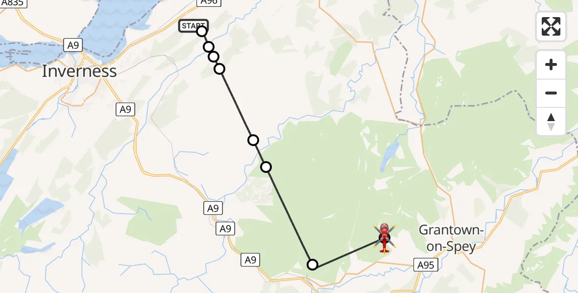 Flight path map showing Air Ambulance Helicopter route from Tornagrain to Highland