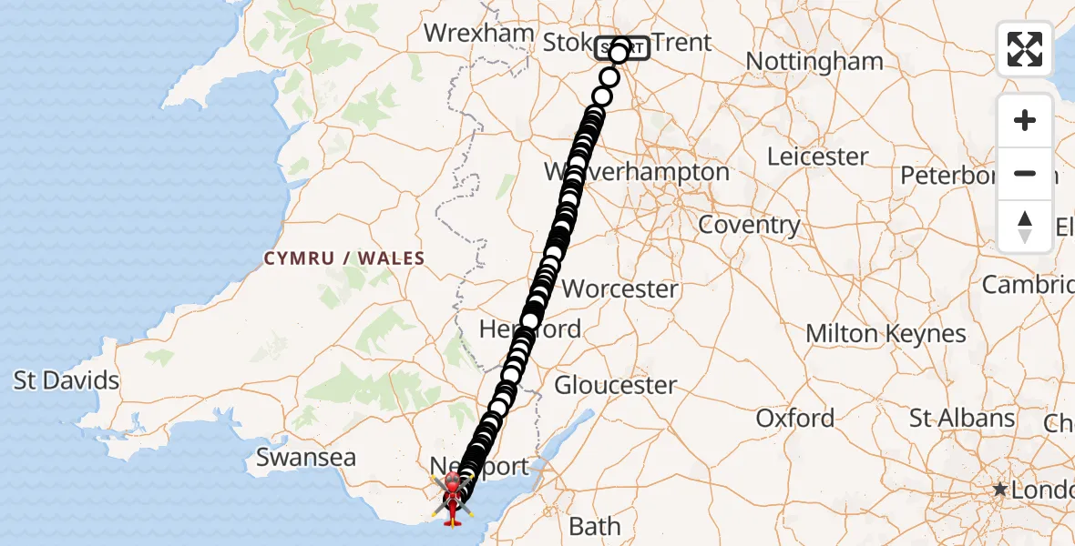 Flight path map showing Air Ambulance Helicopter route from University Hospital North Staffs to Cardiff Heliport