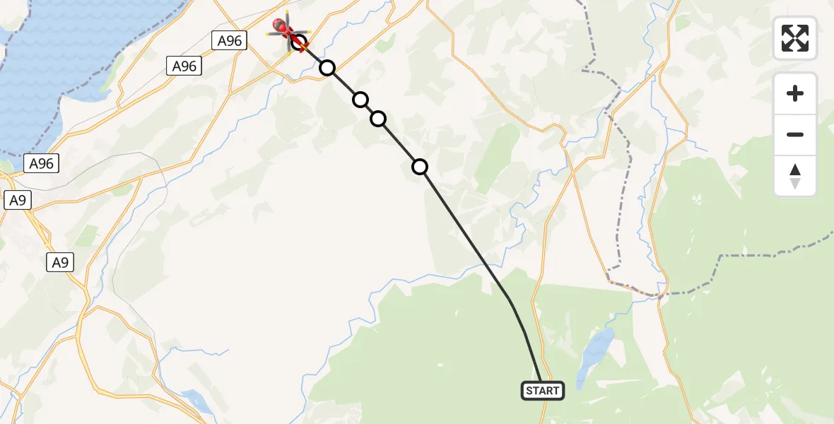 Flight path map showing Air Ambulance Helicopter route from Highland to Nairn