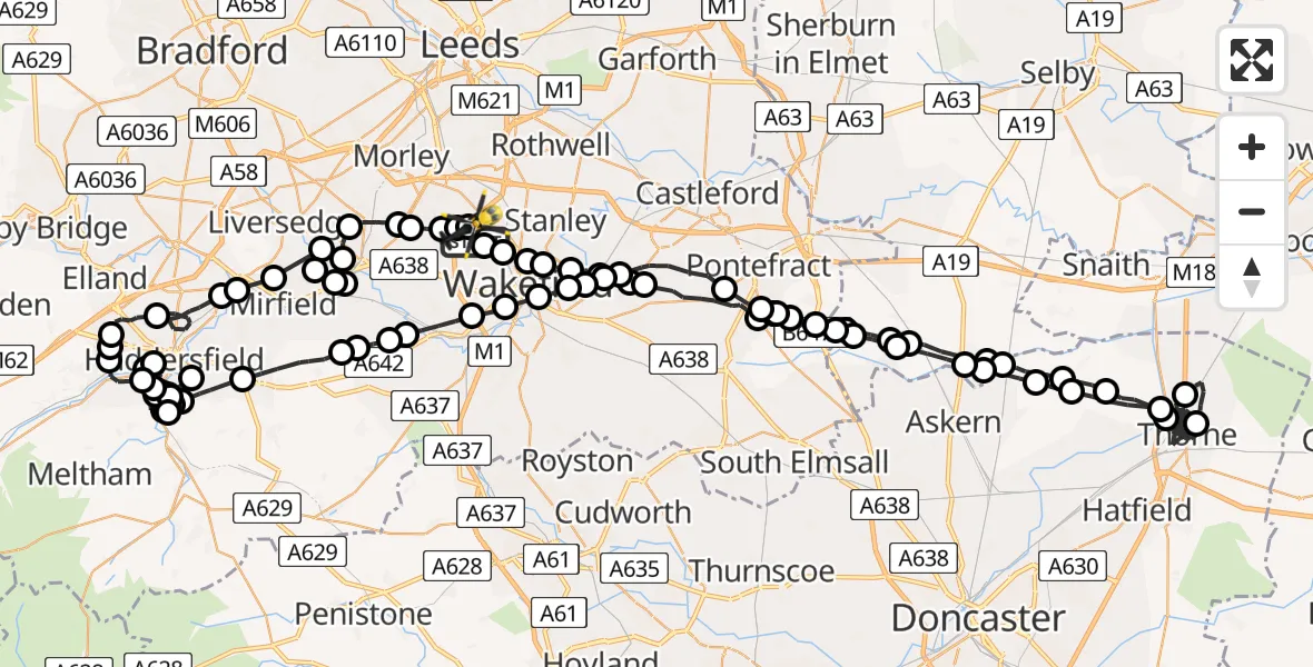 Flight path map showing Police Helicopter route from Wrenthorpe to Wrenthorpe