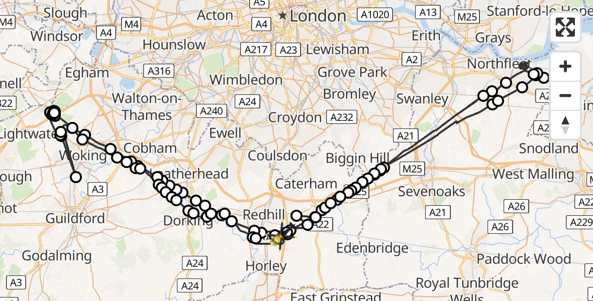 Flight path map showing Police Helicopter route from Salfords to South Nutfield