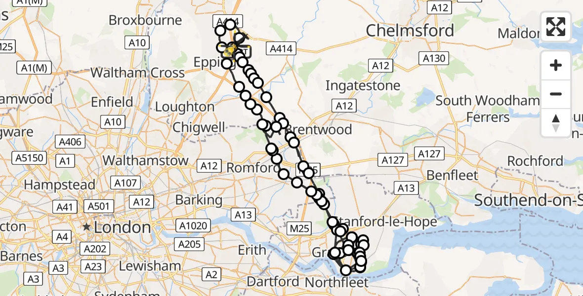 Flight path map showing Police Helicopter route from North Weald Airfield to North Weald Airfield