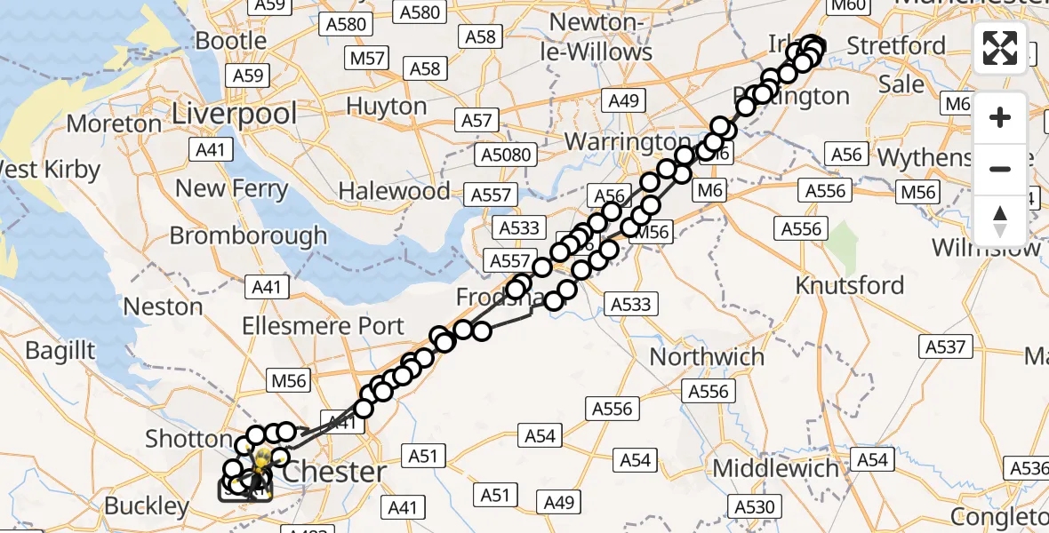 Flight path map showing Police Helicopter route from Hawarden Airport to Sandycroft