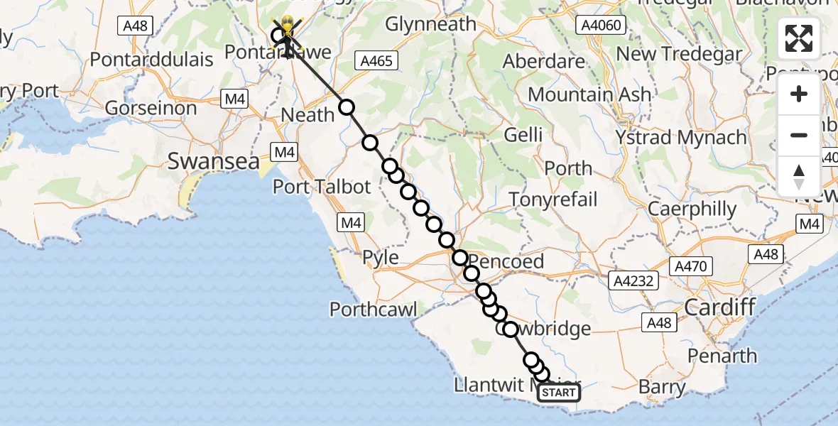 Flight path map showing Police Helicopter route from MOD St Athan to Pontardawe