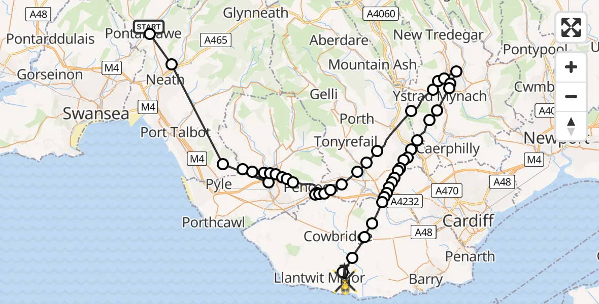 Flight path map showing Police Helicopter route from Pontardawe to MOD St Athan