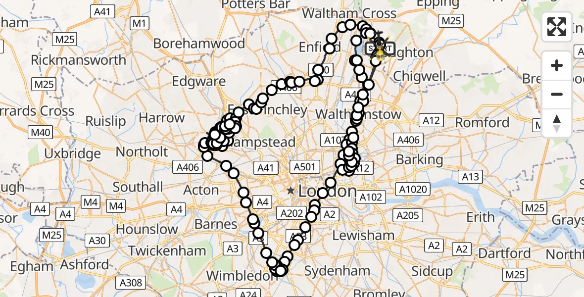 Flight path map showing Police Helicopter route from Metropolitan Police Air Support Unit Lippitts Hill to Sewardstonebury