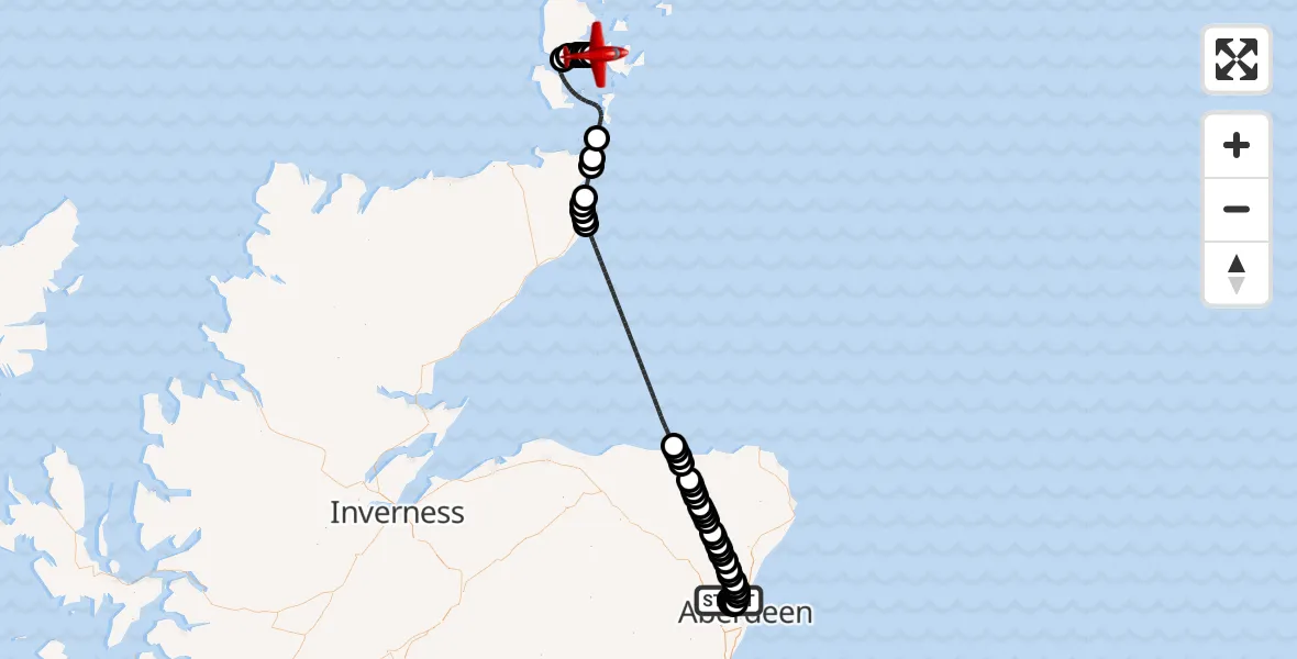 Flight path map showing Air Ambulance Aircraft route from Aberdeen International Airport to Kirkwall