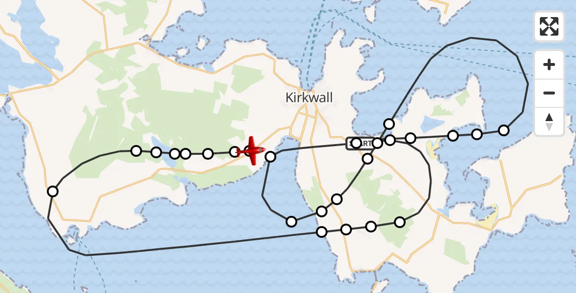 Flight path map showing Air Ambulance Aircraft route from Kirkwall Airport to Kirkwall
