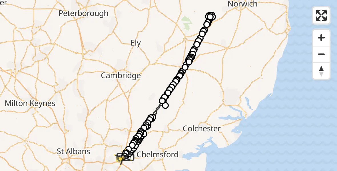 Flight path map showing Police Helicopter route from North Weald Airfield to North Weald Airfield