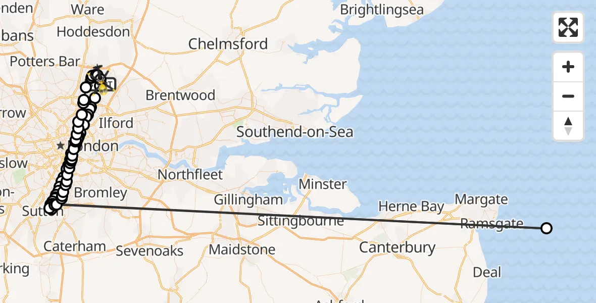 Flight path map showing Police Helicopter route from Sewardstonebury to Metropolitan Police Air Support Unit Lippitts Hill