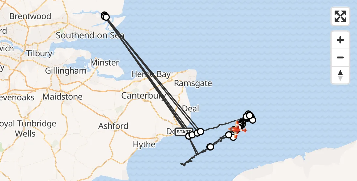 Flight path map showing Coastguard Drone route from English Channel to Noordzee