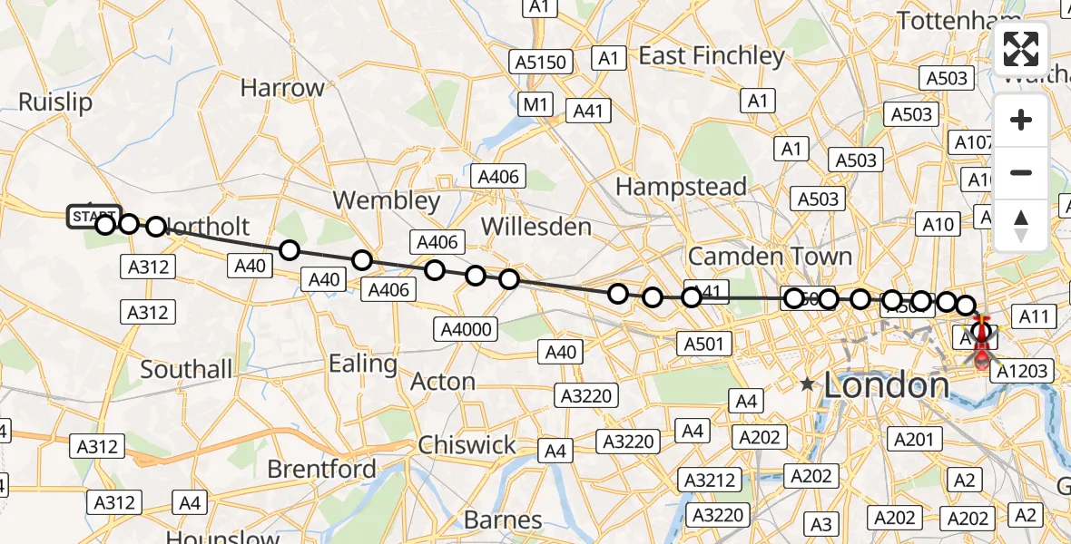 Flight path map showing Air Ambulance Helicopter route from RAF Northolt to Royal London Hospital