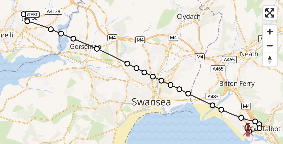 Flight path map showing Air Ambulance Helicopter route from Dafen to Sandfields East
