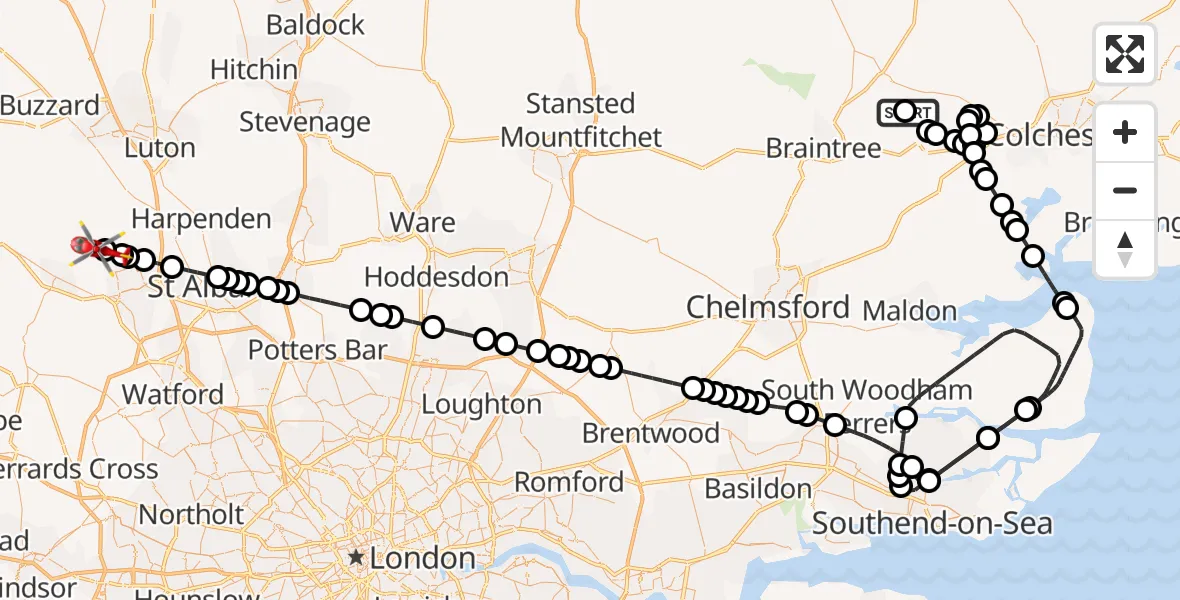 Flight path map showing Air Ambulance Helicopter route from Earls Colne Airfield to Great Gaddesden