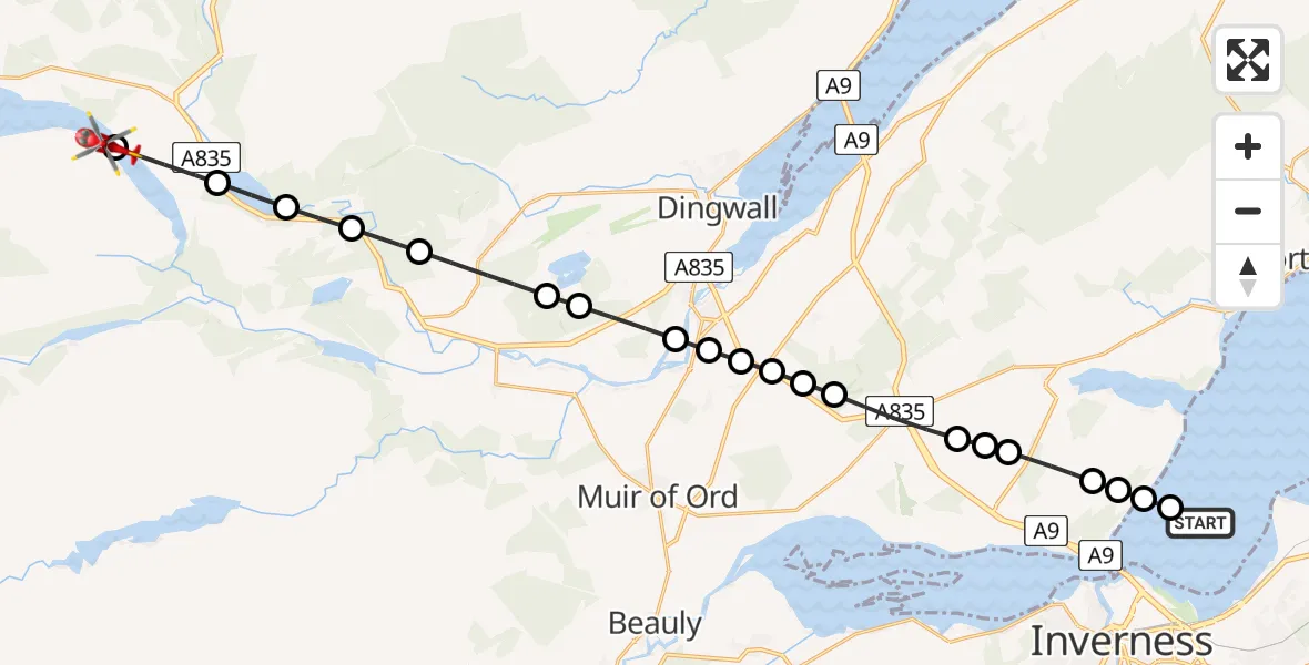 Flight path map showing Air Ambulance Helicopter route from Kilmuir to Loch Luichart