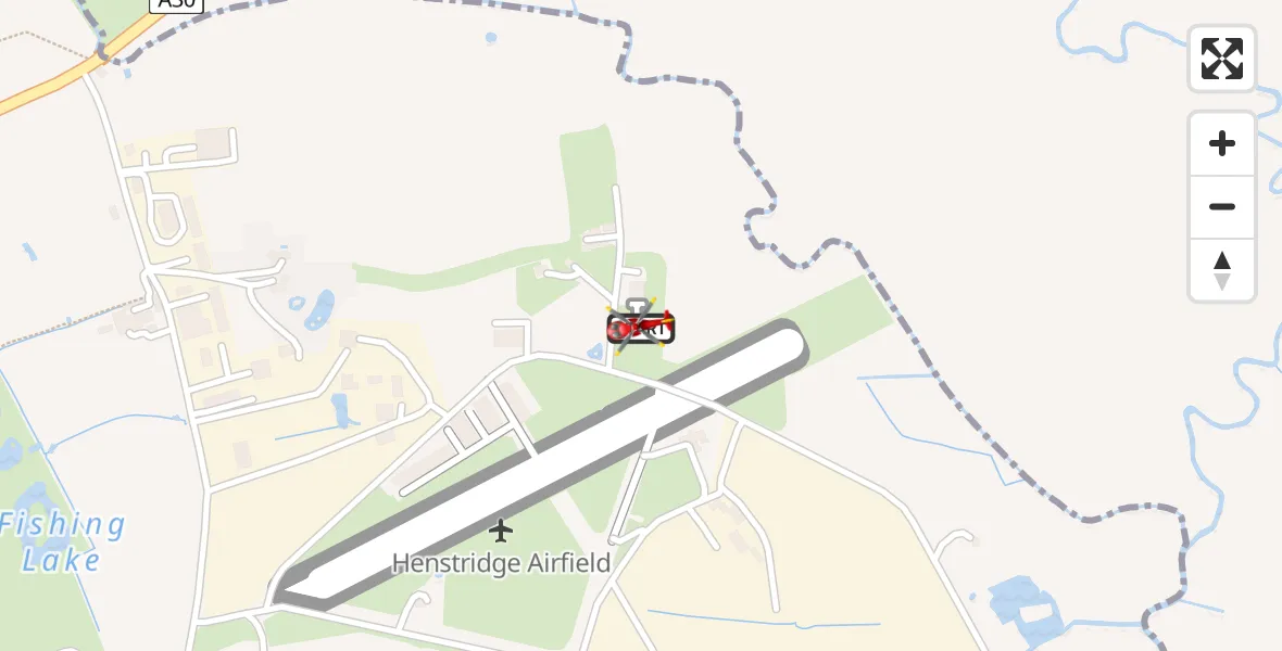 Flight path map showing Air Ambulance Helicopter route from Henstridge Airfield to Henstridge Airfield
