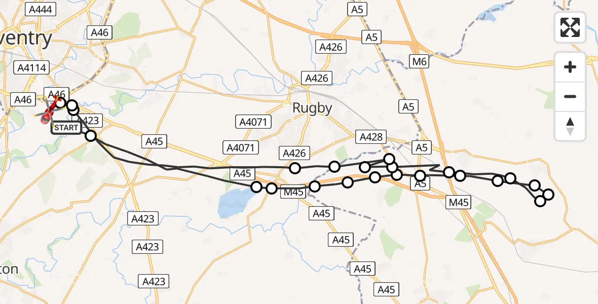 Flight path map showing Air Ambulance Helicopter route from Warwick to Coventry Airport