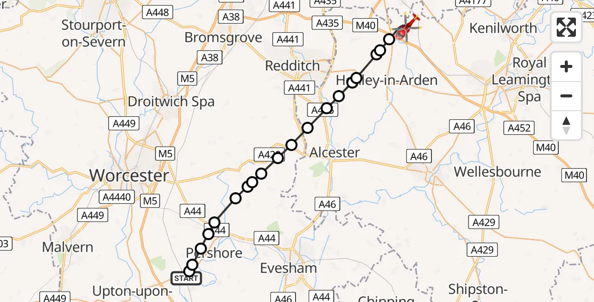 Flight path map showing Air Ambulance Helicopter route from Defford to Warwick