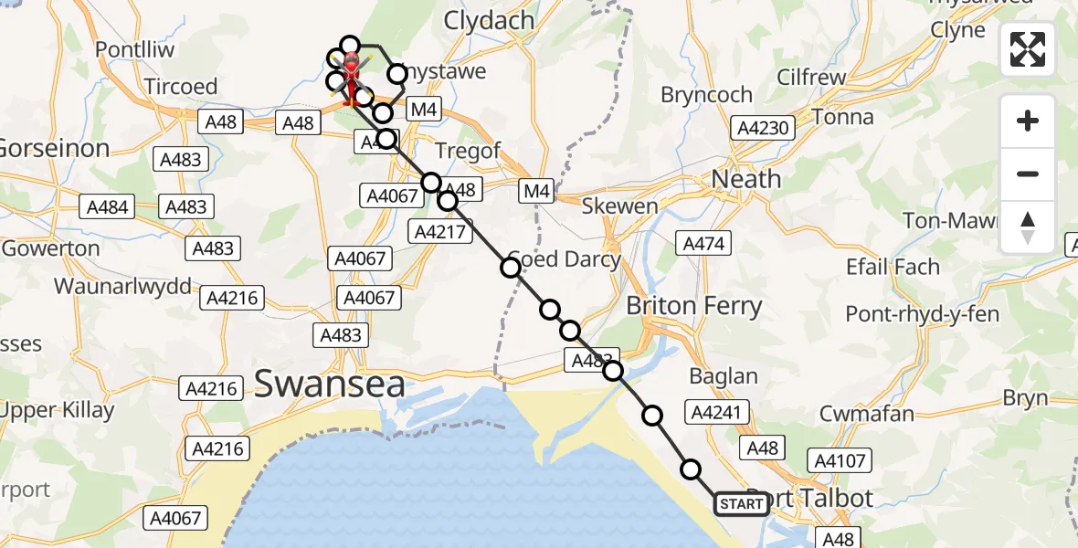 Flight path map showing Air Ambulance Helicopter route from Sandfields East to Morriston Hospital Helipad