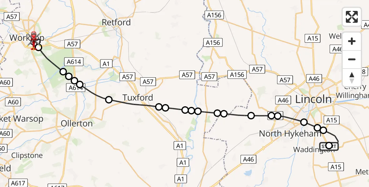 Flight path map showing Air Ambulance Helicopter route from RAF Waddington to Worksop
